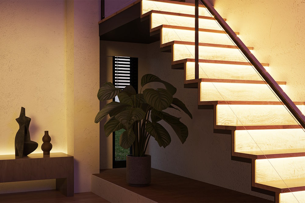 Beleuchtete Treppe mit Pflanze